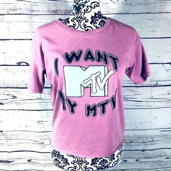American Eagle X MTV I Want My MTV Graphic Retro Band Tee T-Shirt Pink Music XS - Picture 1 of 5